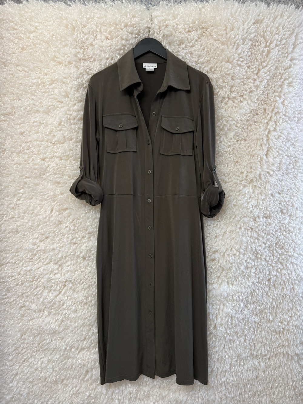 Liz Claiborne Olive Green Button-Front Shirt Dress